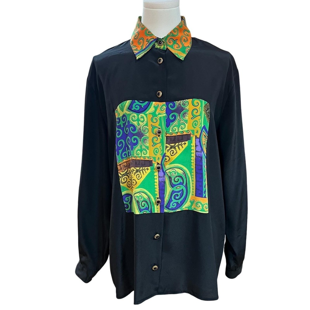 Vintage 90s Abstract Panel Print Blouse Black Gold Scroll Statement Top L